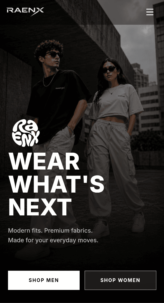 RAENX mobile storefront with its Wear What's Next collection